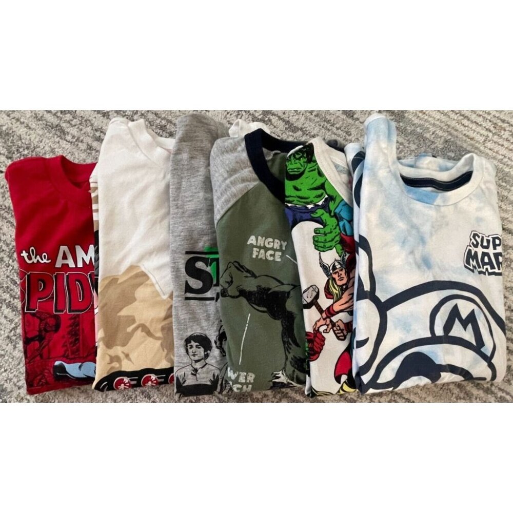 Boys Graphic Superhero Super Mario Long Sleeve Tees Lot of 6 - Size 6x-8